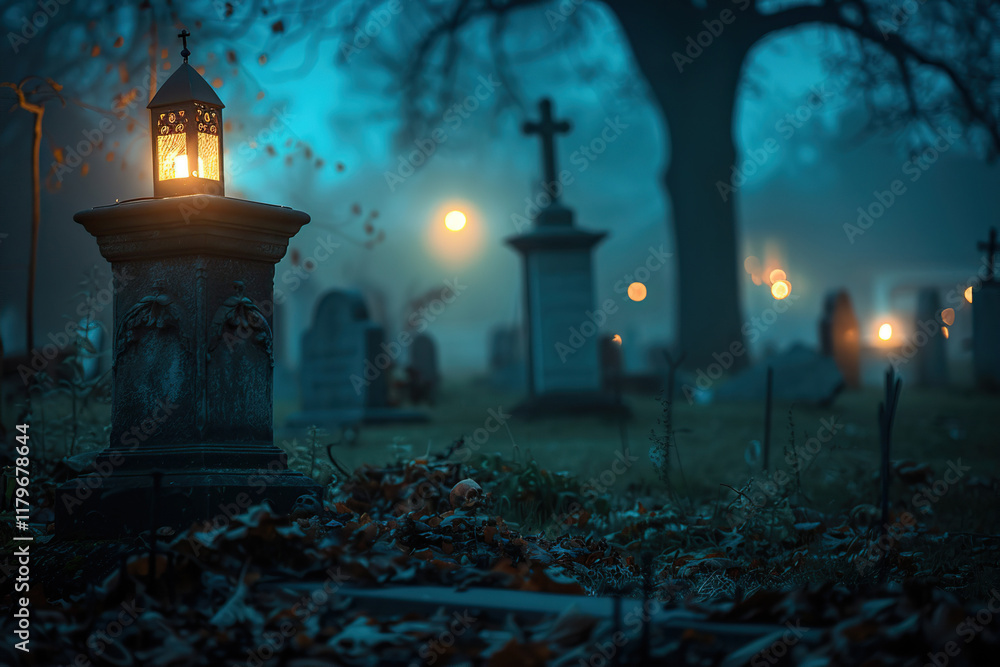 Fototapeta premium Fantastically mysterious cemetery with tombstones and terribly scary atmosphere, abstract vivid composition consists of fictional unreal fantastic vision on background