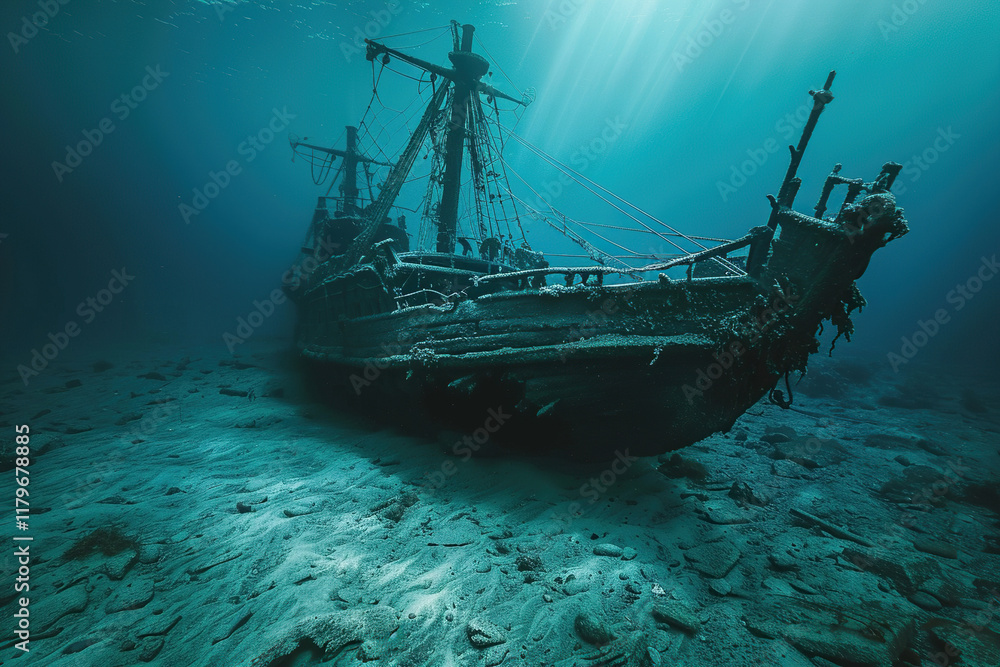 Underwater view of an old sunken ship on seabed with fish swimming around, abstract vivid composition consists of fictional unreal fantastic vision on background Underwater view of an old sunken ship on seabed with fish swimming around, abstract vivid composition consists of fictional unreal fantastic vision on background