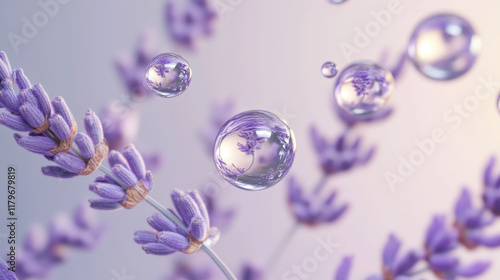 Close-Up View of Lavender Flowers with Water Droplets, Capturing the Essence of Nature's Beauty and Serenity in a Soft Focus Background