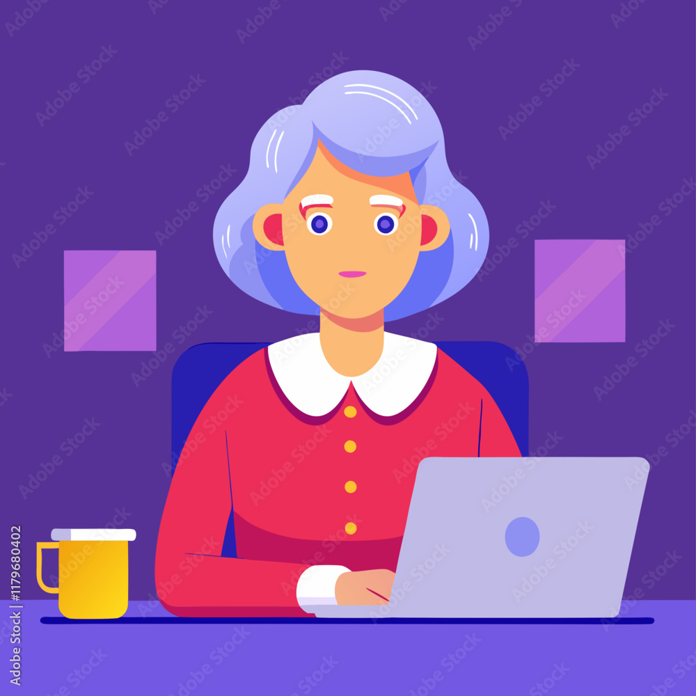 Elderly Woman with Blue Hair and Concerned Expression – Character Illustration with Details Elderly Woman with Blue Hair and Concerned Expression – Character Illustration with Details