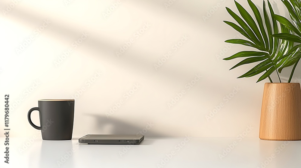 Minimalist workspace with coffee mug, phone, and plant. Minimalist workspace with coffee mug, phone, and plant.