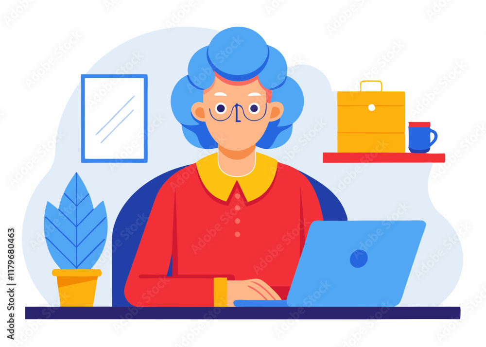 Elderly Woman with Blue Hair and Concerned Expression – Character Illustration with Details Elderly Woman with Blue Hair and Concerned Expression – Character Illustration with Details