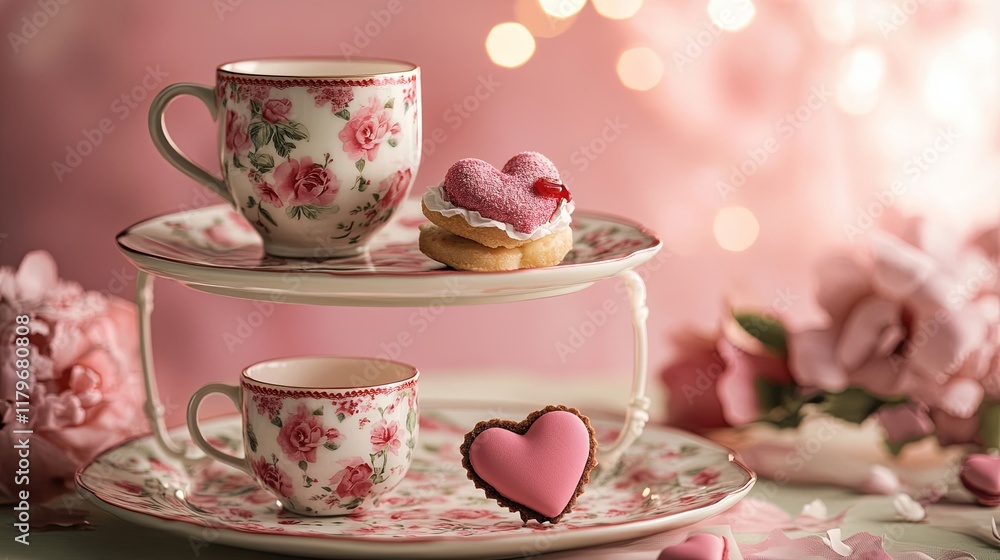 A romantic high tea setup with floral teacups and heart-shaped pastries on a tiered tray A romantic high tea setup with floral teacups and heart-shaped pastries on a tiered tray