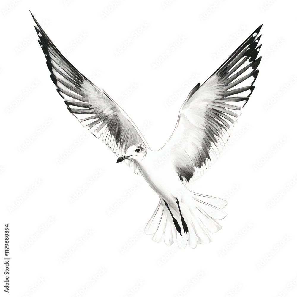 Flying Bird Seagull Drawn from Above on a White Background: A hand-drawn sketch of a seagull flying from above, set against a clean white background. Transparent background. Flying Bird Seagull Drawn from Above on a White Background: A hand-drawn sketch of a seagull flying from above, set against a clean white background. Transparent background.