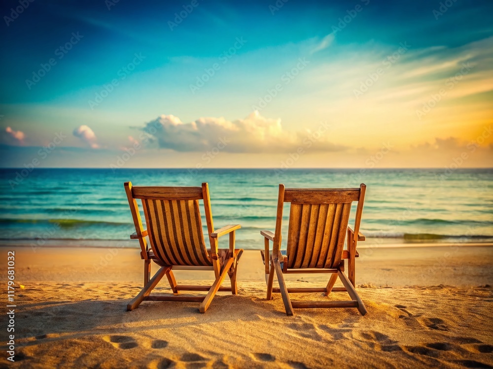Idyllic Beach Scene: Two Empty Chairs on Sandy Shore Idyllic Beach Scene: Two Empty Chairs on Sandy Shore