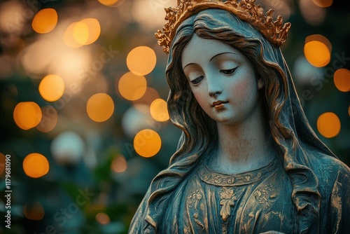 sacred brazilian madonna statue illuminated by golden bokeh lights creating spiritual atmosphere religious art photography with space for text