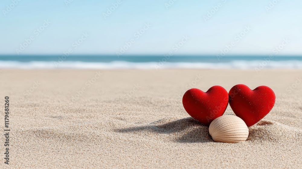 Fototapeta premium Romantic Beach Scene with Red Hearts and Seashell on Sandy Shoreline Under Clear Blue Sky