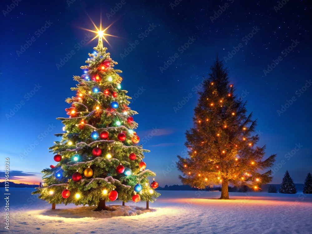 Obraz premium Illuminated Christmas Tree at Night - Festive Winter Holiday Background