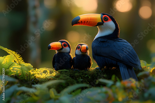 A toucan family perched on a mossy branch in a lush tropical forest, bathed in the warm golden light of sunrise. The vibrant colors of the birds contr photo