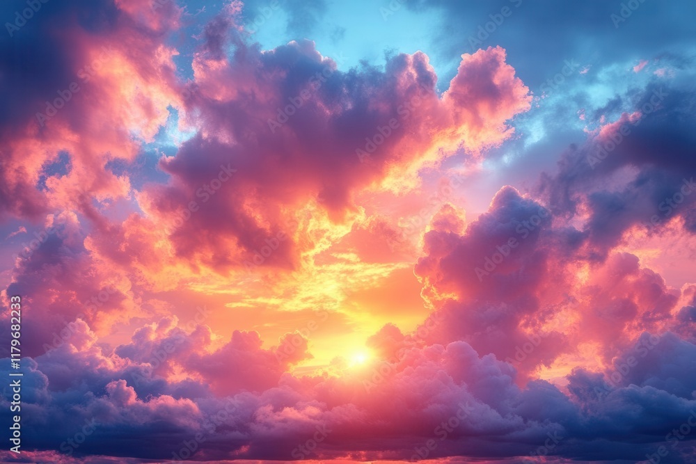 Fototapeta premium spectacular sunset sky panorama with dramatic cloud formations in rich orange, pink and purple hues creating natural abstract patterns