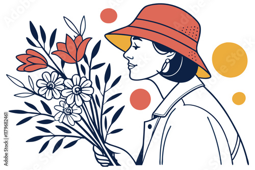 line art vector illustration women with a bucket hat holding flowers D.eps