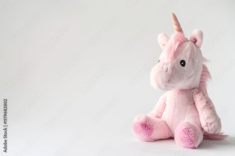 Fototapeta premium Fantastically beautiful mythological pink unicorn with big long horn, abstract vivid composition consists of fictional unreal fantastic vision on background