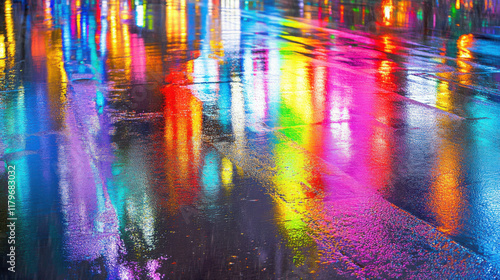 Vibrant Reflection of City Lights on Wet Pavement Showcasing a Colorful Night Scene with Neon Illuminations and Rainy Streets