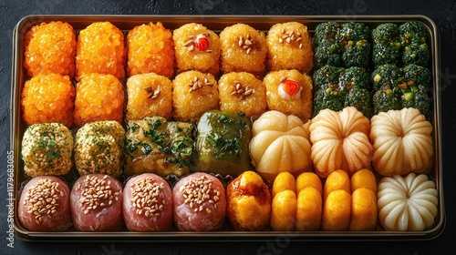 Colorful Assorted Sweet Rice Cakes Gift Box, Overhead View, Dark Background, Festive Treats. photo