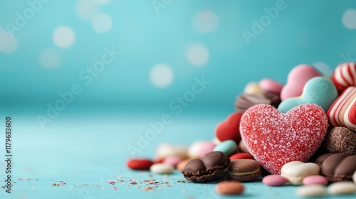 Heart-Shaped Candy Pile with Colorful Sweets and Soft Focus Background for Romantic Themes