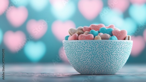 Sweet Heart-Shaped Candy in a Bowl Against a Soft Blue and Pink Bokeh Background