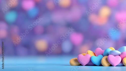 Colorful Heart-Shaped Candy on Blue Background with Blurry Purple Bokeh and Soft Focus Effect