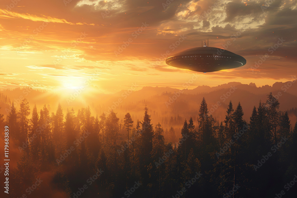 Iron oval UFO saucer hovering over beautiful landscape in deep dramatic sky, abstract vivid composition consists of fictional unreal fantastic vision on background Iron oval UFO saucer hovering over beautiful landscape in deep dramatic sky, abstract vivid composition consists of fictional unreal fantastic vision on background