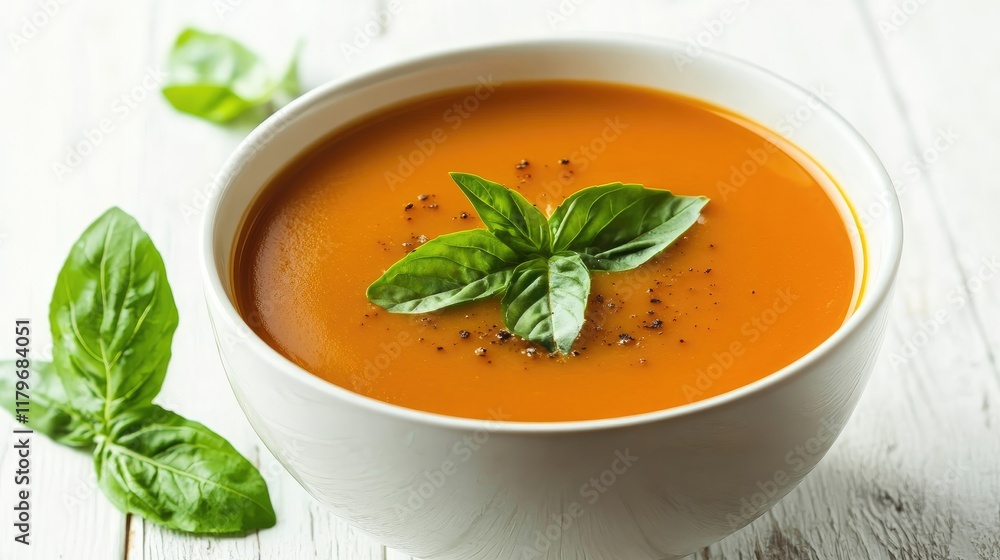 Zucchini soup in a white bowl garnished with fresh basil leaves on a rustic wooden background with space for text or branding Zucchini soup in a white bowl garnished with fresh basil leaves on a rustic wooden background with space for text or branding