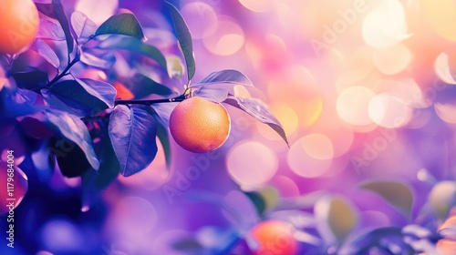 Purple bokeh light background with orange fruit on tree branches creating a dreamy and vibrant atmosphere for artistic compositions