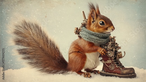 Cute red squirrel wearing steampunk boots and scarf in the snow. photo