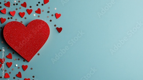 Vibrant Red Heart on Blue Background with Small Hearts and Confetti for Valentine's Day Celebration