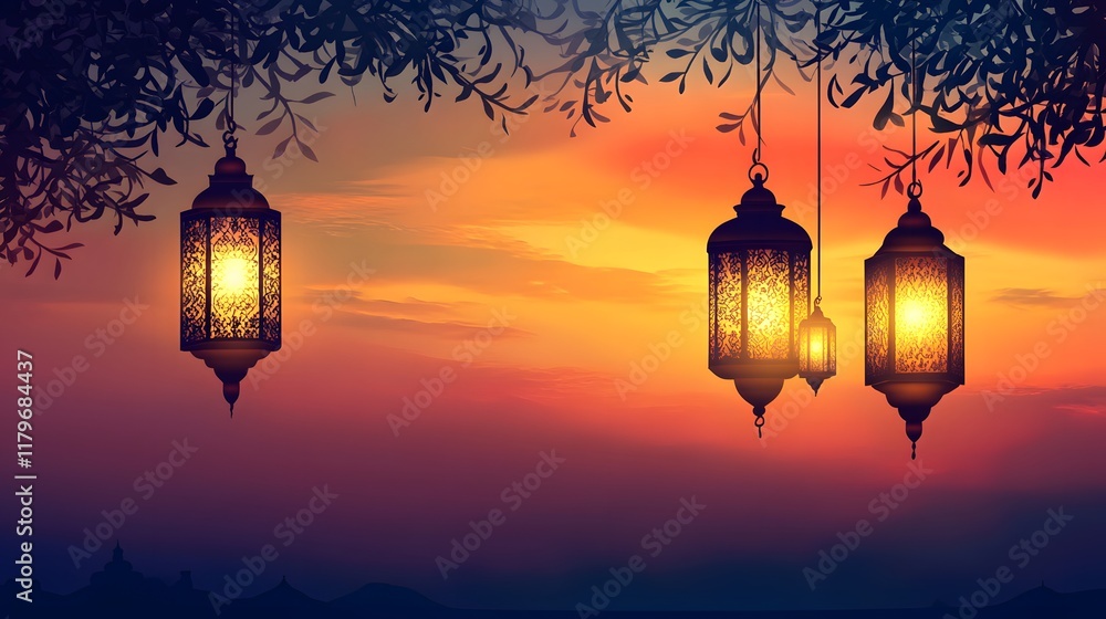 Fototapeta premium Glowing Ramadan lanterns under a stunning sunset background, peaceful evening atmosphere, extra space is provided for text