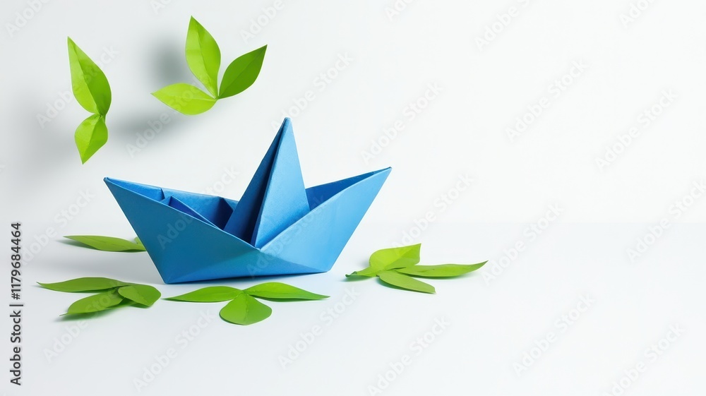 Sustainable Tourism, green travel, Ecology. A blue paper boat surrounded by green leaves on a plain background. Sustainable Tourism, green travel, Ecology. A blue paper boat surrounded by green leaves on a plain background.