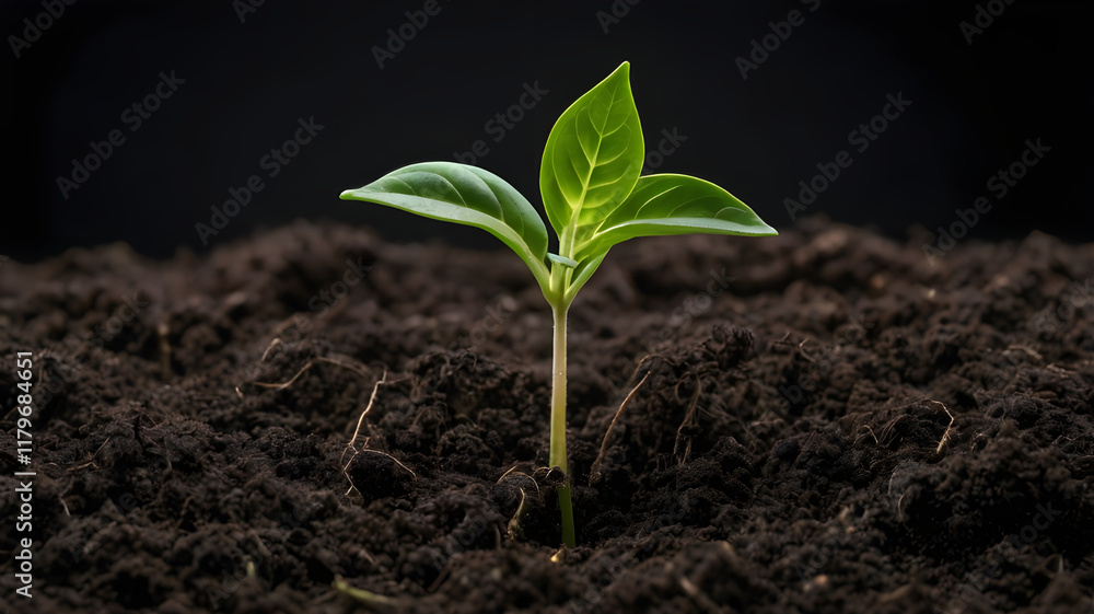 A minimalistic and captivating depiction of a young sprout with fresh green leaves growing from rich, textured soil, presented against contrasting white and black backgrounds. A minimalistic and captivating depiction of a young sprout with fresh green leaves growing from rich, textured soil, presented against contrasting white and black backgrounds.