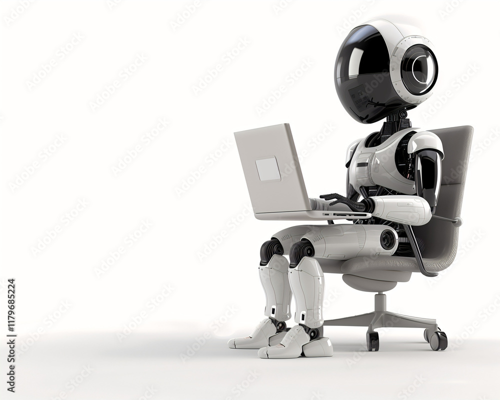 Futuristic Robot with Laptop - Illustration of AI in Workspace and Technology Futuristic Robot with Laptop - Illustration of AI in Workspace and Technology