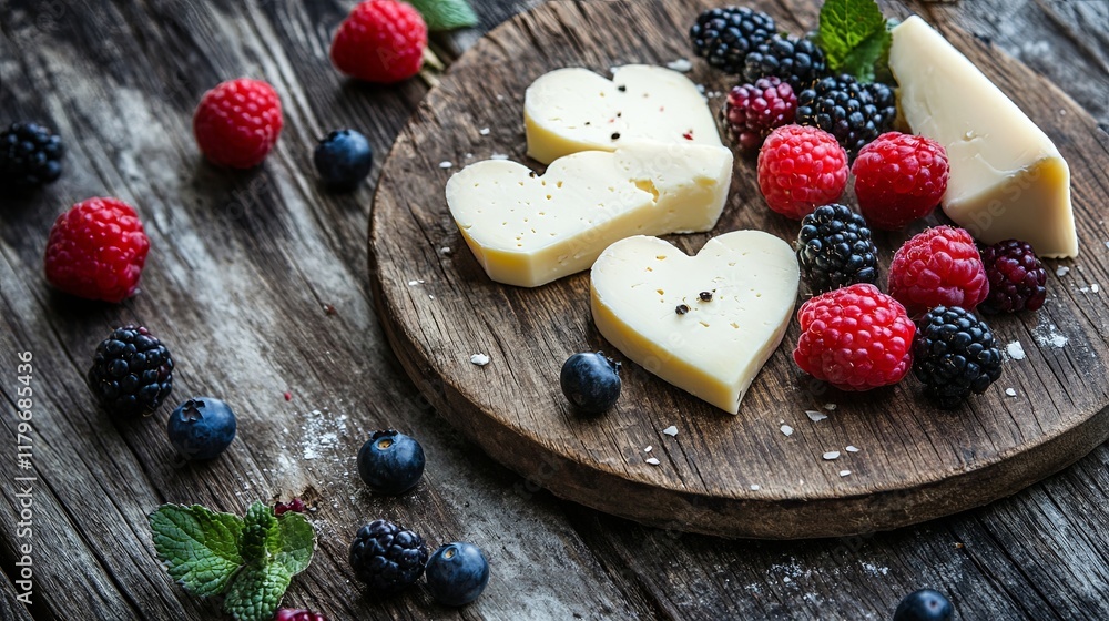 A rustic cheese board with heart-shaped cheese slices and fresh berries A rustic cheese board with heart-shaped cheese slices and fresh berries