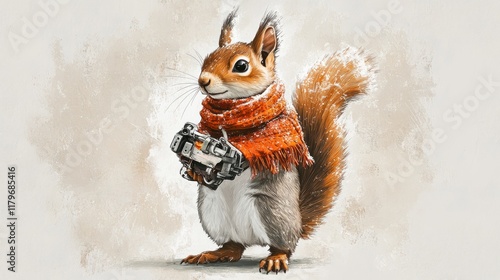 Cute squirrel wearing an orange scarf and holding a device in winter. photo