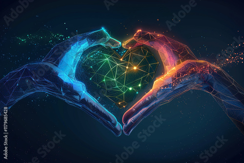 Beautiful colorful decorative heart in strong human hands on bright color, abstract vivid composition consists of fictional unreal fantastic vision on background