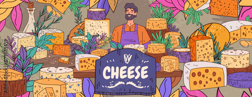 Cheese variety display with smiling vendor surrounded by colorful cheese wheels herbs and decorative elements. Vibrant market scene with rustic charm