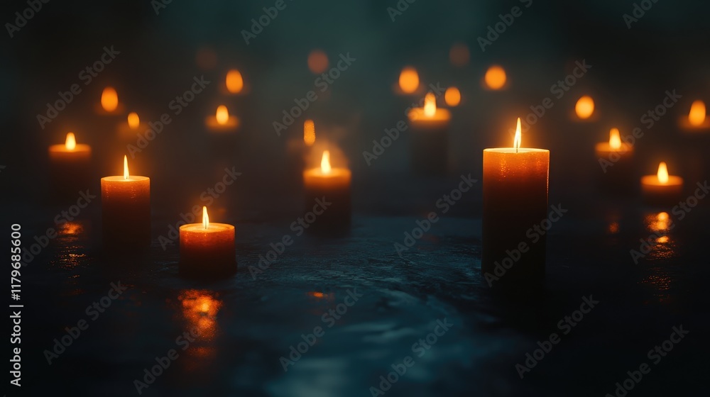 Serene atmosphere created by glowing candles illuminating a dark, mysterious environment with soft reflections on the surface. Serene atmosphere created by glowing candles illuminating a dark, mysterious environment with soft reflections on the surface.