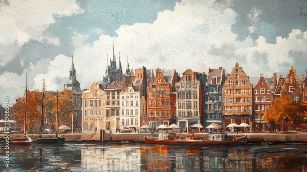 Obraz premium European Cityscape with Historical Architecture and Scenic Waterfront Views