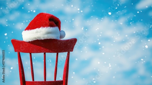 Santa hat on a red chair against a bright blue sky creating a festive Christmas Eve atmosphere with falling snowflakes photo