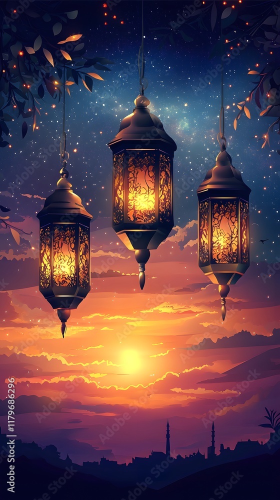 Fototapeta premium Glowing Ramadan lanterns under a stunning sunset background, peaceful evening atmosphere, extra space is provided for text