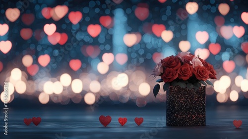 Romantic Red Rose Bouquet on Sparkling Background with Heart-Shaped Lights for Celebration Events