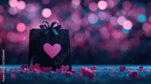 Romantic gift bag with heart decoration on sparkling surface and blurred colorful background