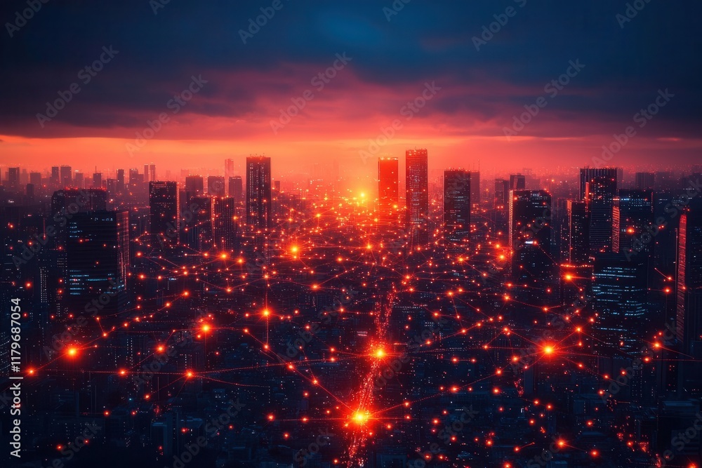 Obraz premium smart city technology concept with glowing network lines connecting urban infrastructure at night artificial intelligence integration