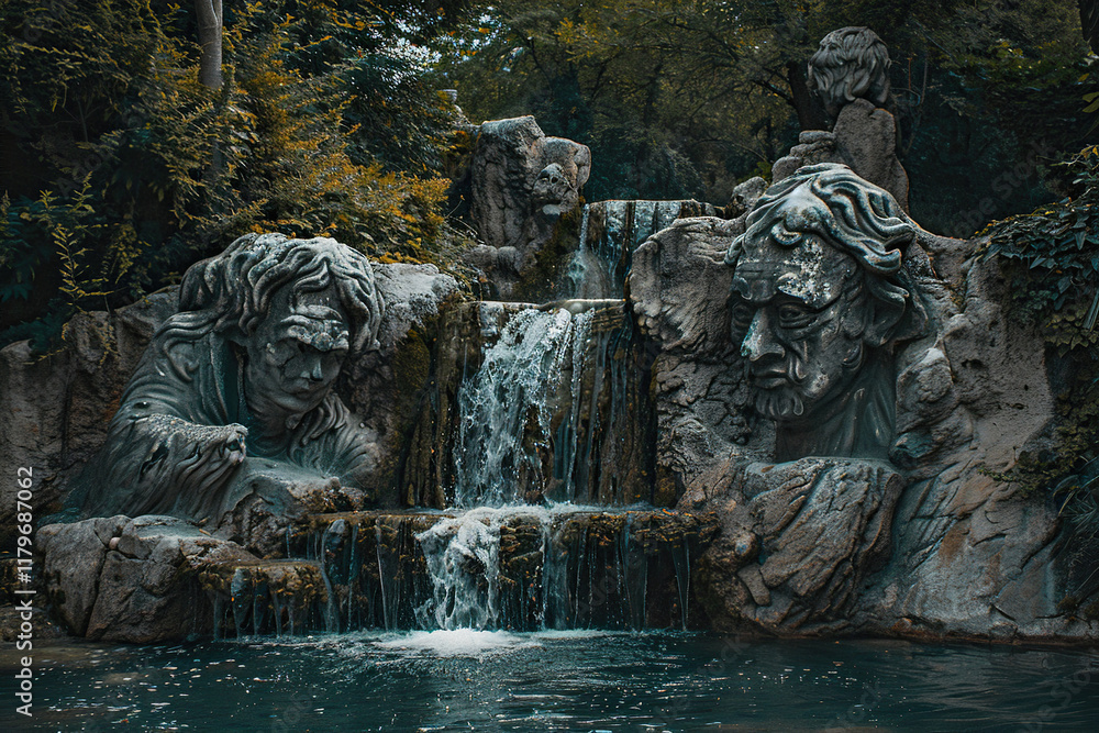 Obraz premium Fantastically beautiful fountain against backdrop of natural national park, abstract vivid composition consists of fictional unreal fantastic vision on background