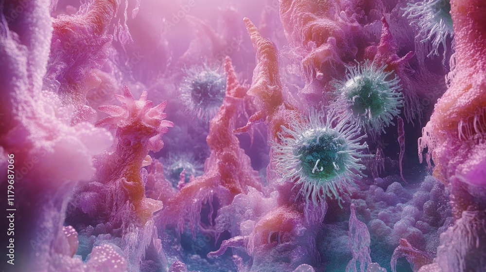 Fototapeta premium Vibrant microbial landscape with colorful organic structures and spiky forms. hMPV, Human metapneumovirus