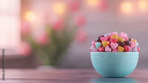 Colorful Heart-Shaped Candies in Blue Bowl on Blurred Background with Romantic Decoration Elements