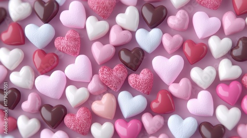 Colorful Assortment of Heart-Shaped Candies and Chocolates on Pink Background for Celebrations