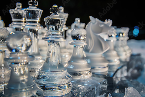 Chess piece standing on checkered game board during strategic game of chess, abstract vivid composition consists of fictional unreal fantastic vision on background