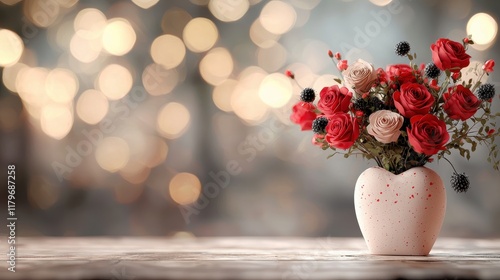 Charming Heart-Shaped Vase with Beautiful Red and Cream Roses Surrounded by Soft Bokeh Background