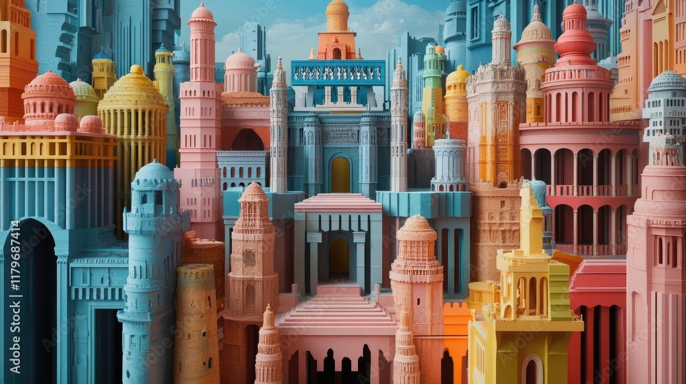Fototapeta premium Colorful Abstract Cityscape of Temples and Castles Featuring Intricate Architectural Designs and Unique Structures in Pastel Hues