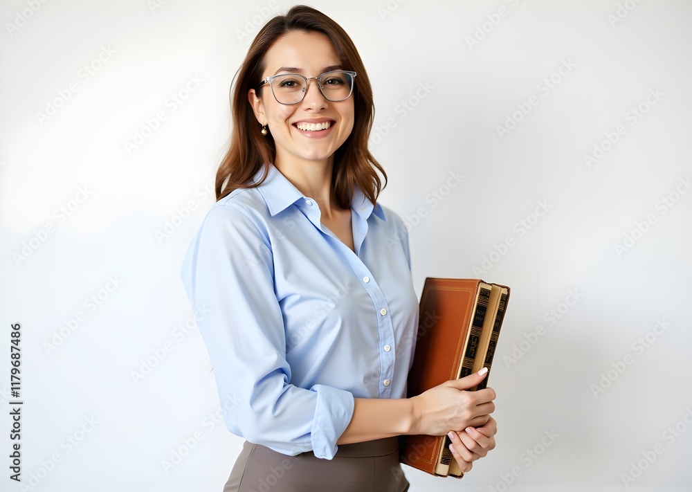 Closeup portrait attractive young happy smiling woman, satisfied student with glasses holding pile text books, isolated white background. Education college concept. Positive emotions, face expression Closeup portrait attractive young happy smiling woman, satisfied student with glasses holding pile text books, isolated white background. Education college concept. Positive emotions, face expression