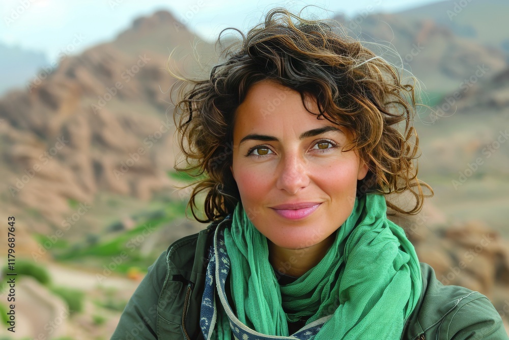 Woman with curly hair smiles in a mountainous landscape, showcasing natural beauty and adventure spirit Woman with curly hair smiles in a mountainous landscape, showcasing natural beauty and adventure spirit